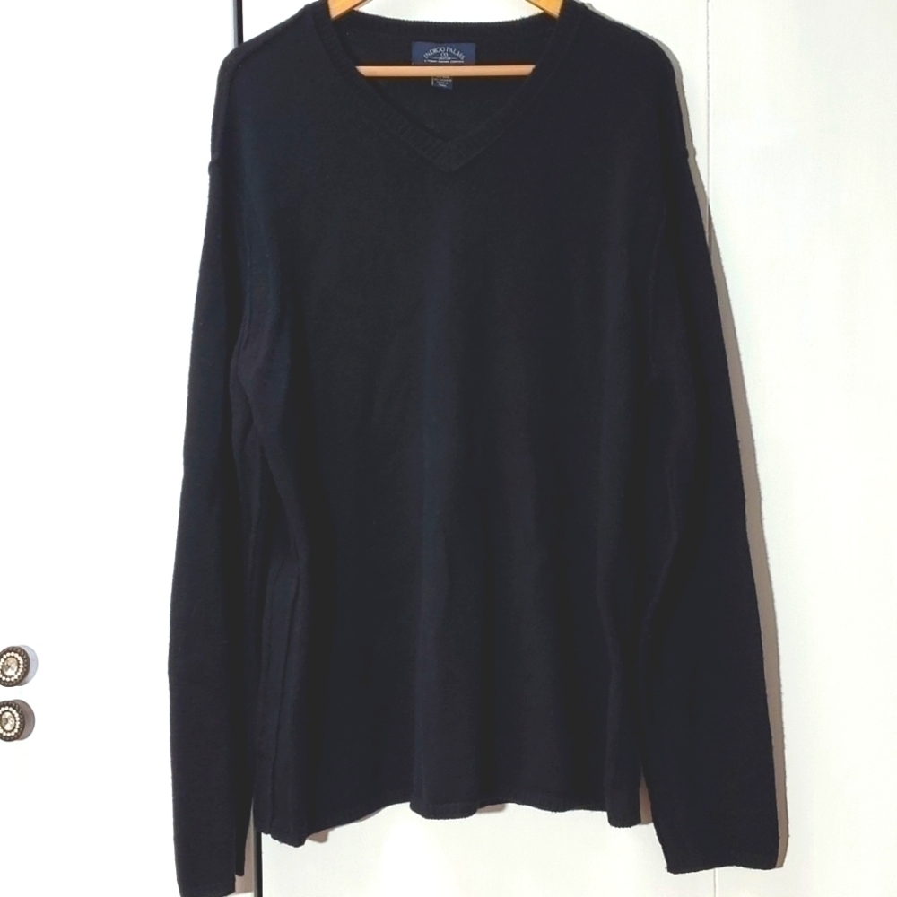 Indigo Palms- Mens Black Wool Cashmere Reverse Stitch Vneck Sweater Sz.XL